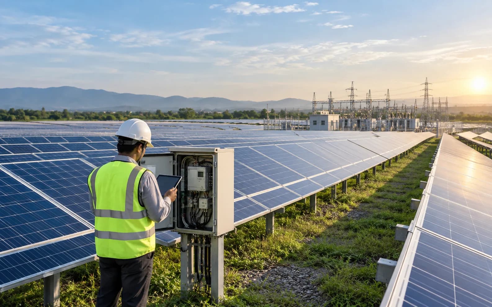 Engineer inspecting a utility-scale solar installation
